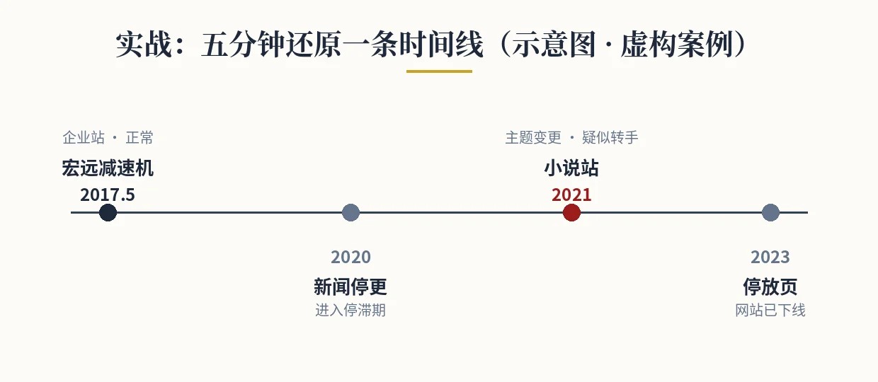 五分钟还原一条时间线(示意图 · 虚构案例) 快照实战案例时间线图